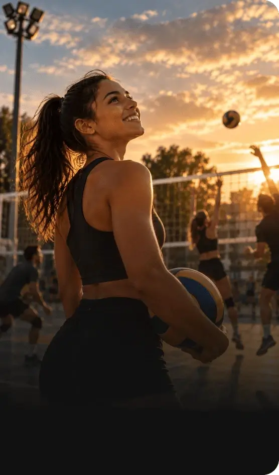Uma jogadora sorri em quadra de vôlei ao entardecer, com a bola em jogo ao fundo