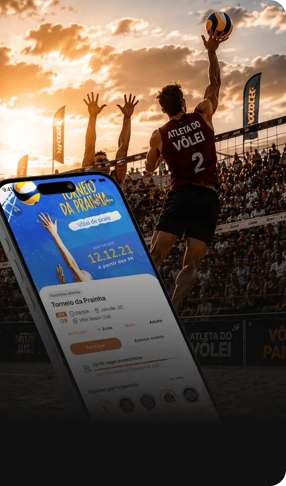 Celular exibindo a página de um torneio de praia, com a partida acontecendo ao fundo
