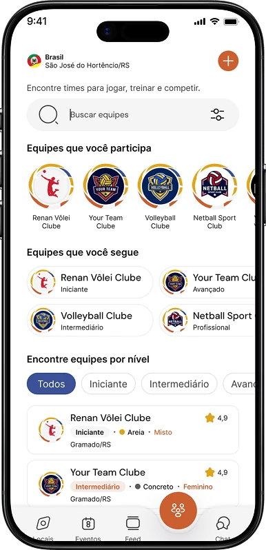 Tela de equipes no aplicativo