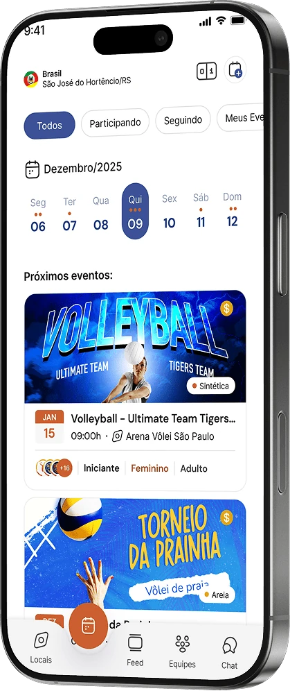 Tela do aplicativo com a agenda de dezembro e os próximos eventos de vôlei