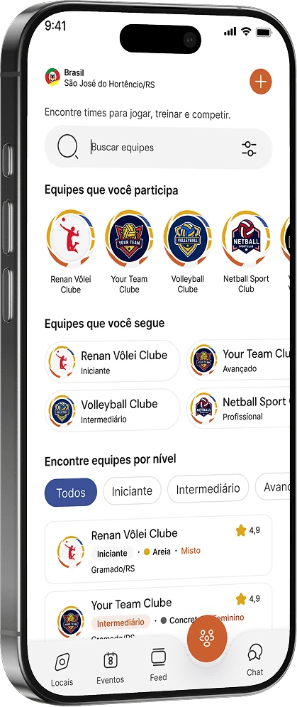 Tela do aplicativo com a lista de equipes: equipes que você participa, equipes que você segue e busca por nível