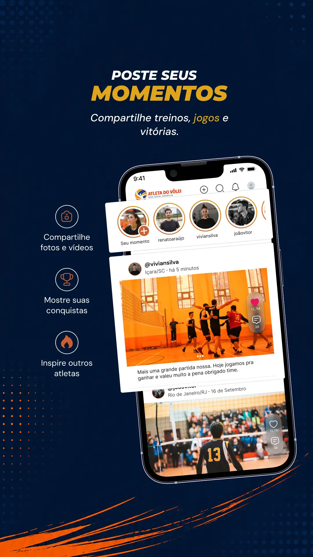 Poste seus momentos — compartilhe treinos, jogos e vitórias
